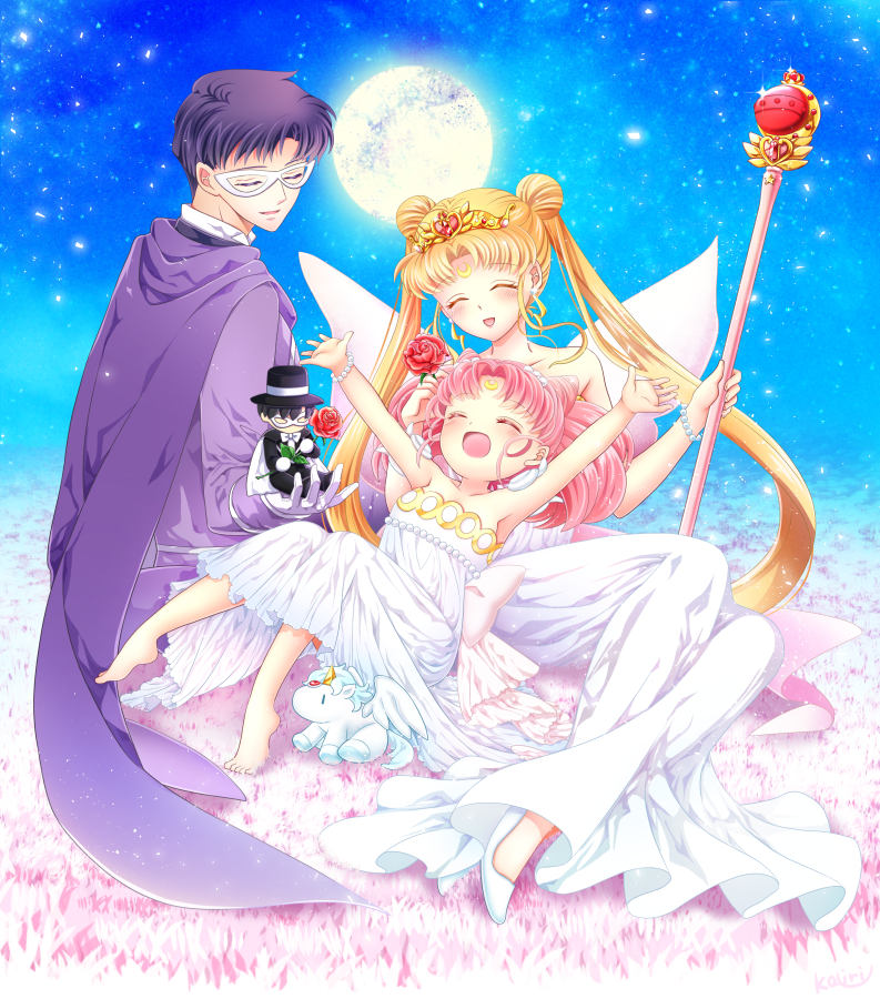 1boy, 2girls, back_bow, bare_shoulders, bishoujo_senshi_sailor_moon, blonde_hair, bow, bowtie