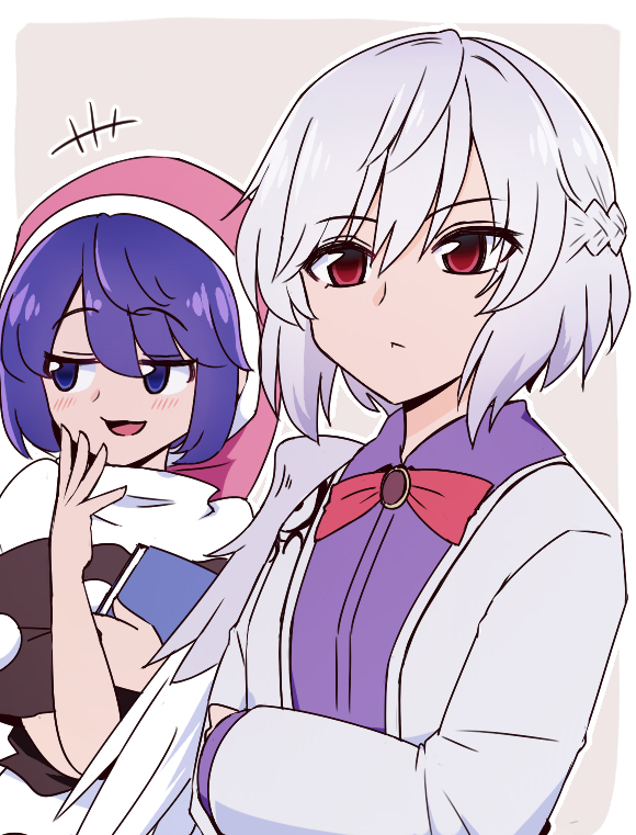 +++, 2girls, blue_eyes, blue_hair, blush, book, border, braid