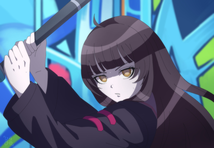 1girl, absurdres, baseball_bat, black_hair, brown_eyes, highres, hira_icigocha, ibispaint, long_hair, long_sleeves, looking_at_viewer, original, upper_body