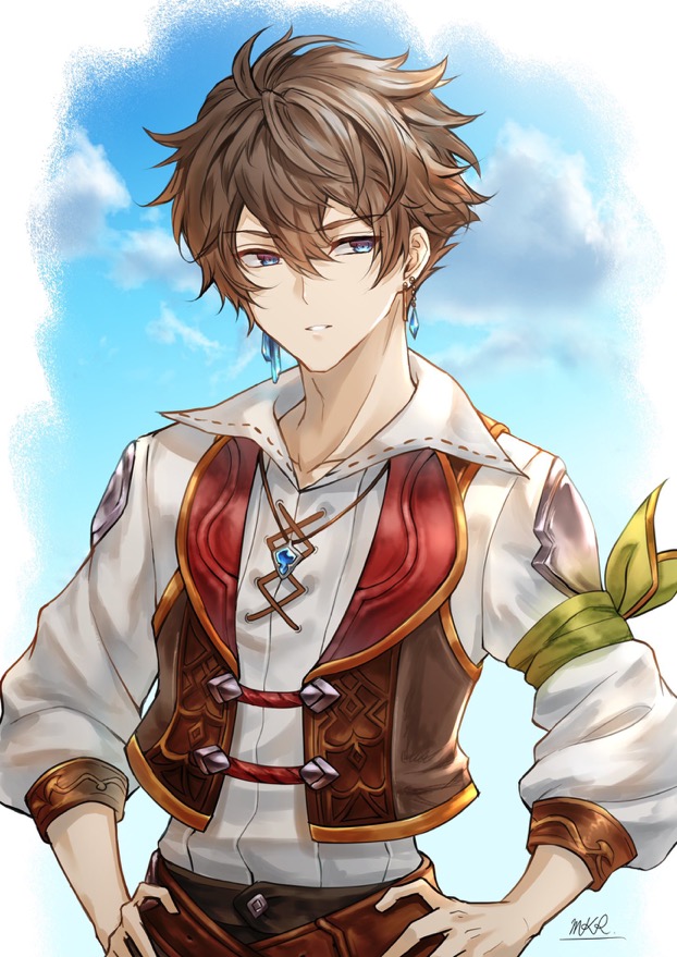 1boy, arm_ribbon, arm_scarf, artist_name, bangs, blue_eyes, blue_sky, brown_hair