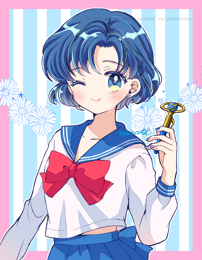 1girl, bishoujo_senshi_sailor_moon, blue_eyes, blue_hair, blue_sailor_collar, blue_skirt, bow, holding