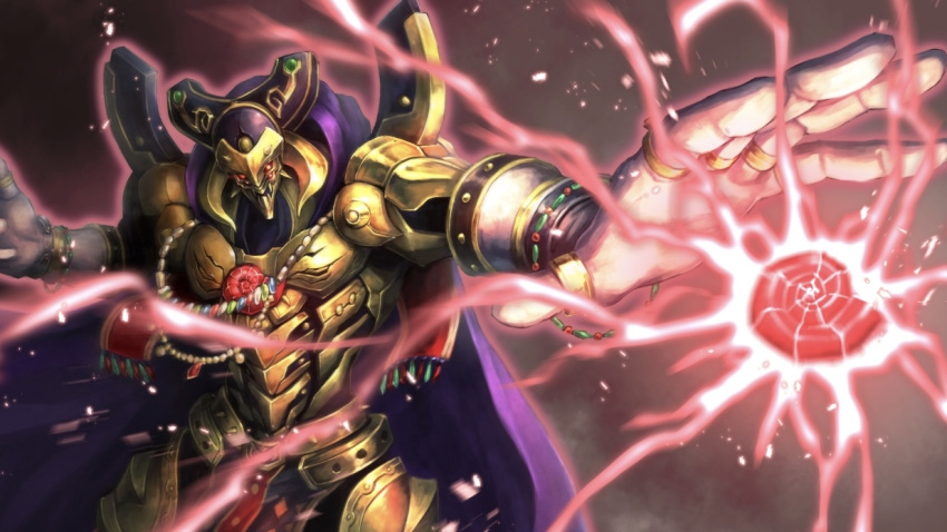 1boy, armor, bracelet, cape, cowboy_shot, deadspike_nine, duel_monster, eldlich_the_golden_lord