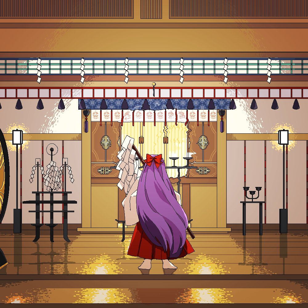 1girl, barefoot, bow, candlestand, from_behind, gohei, hair_bow, hakurei_reimu, hakurei_reimu_(pc-98), holding, holding_staff, indoors, interior, kaigen_1025, long_hair, long_skirt, oonusa, purple_hair, red_bow, red_skirt, shide, shrine, skirt, solo, staff, standing, style_request, touhou, touhou_(pc-98), very_long_hair, wooden_floor