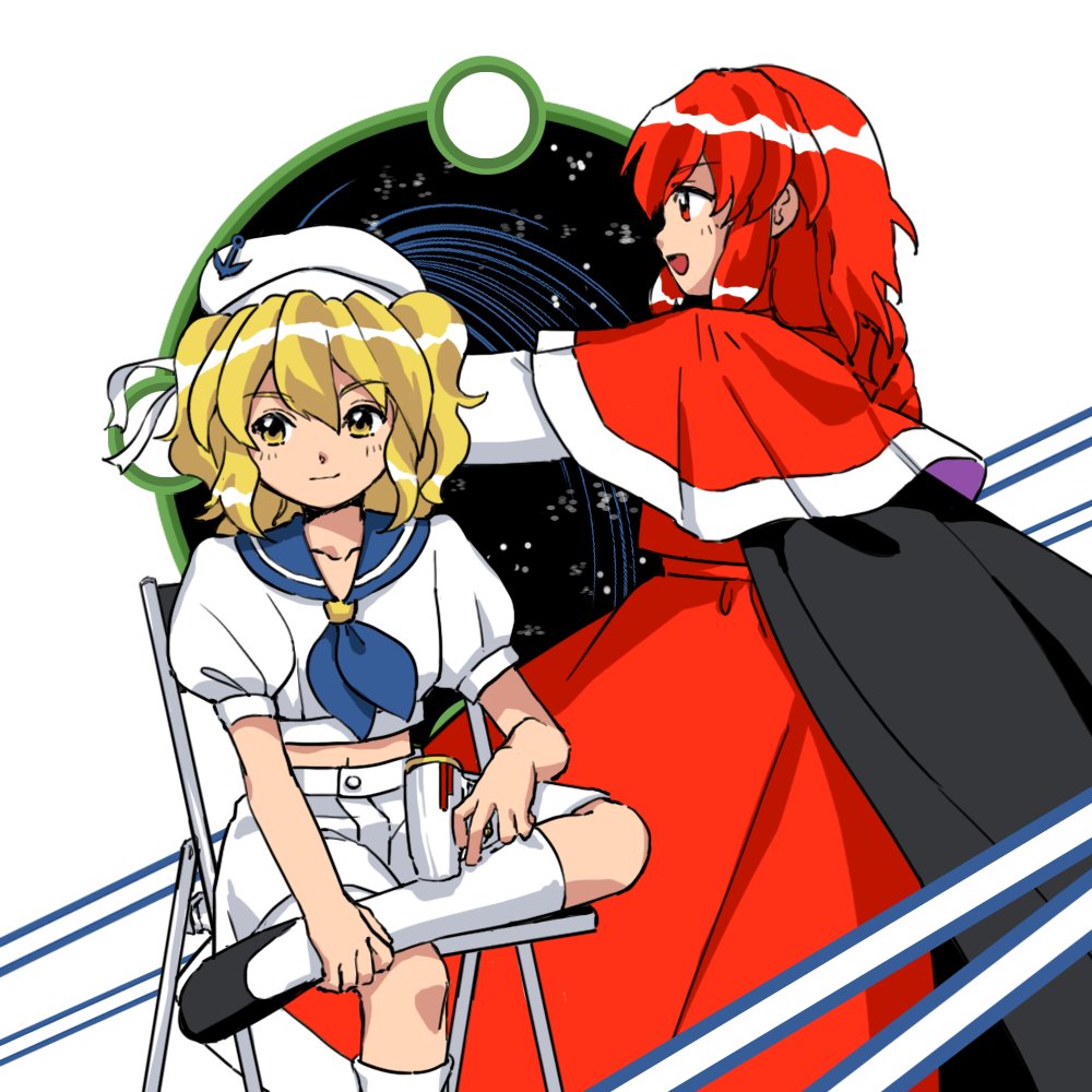 2girls, black_cape, black_footwear, blonde_hair, blue_sailor_collar, cape, capelet, circle