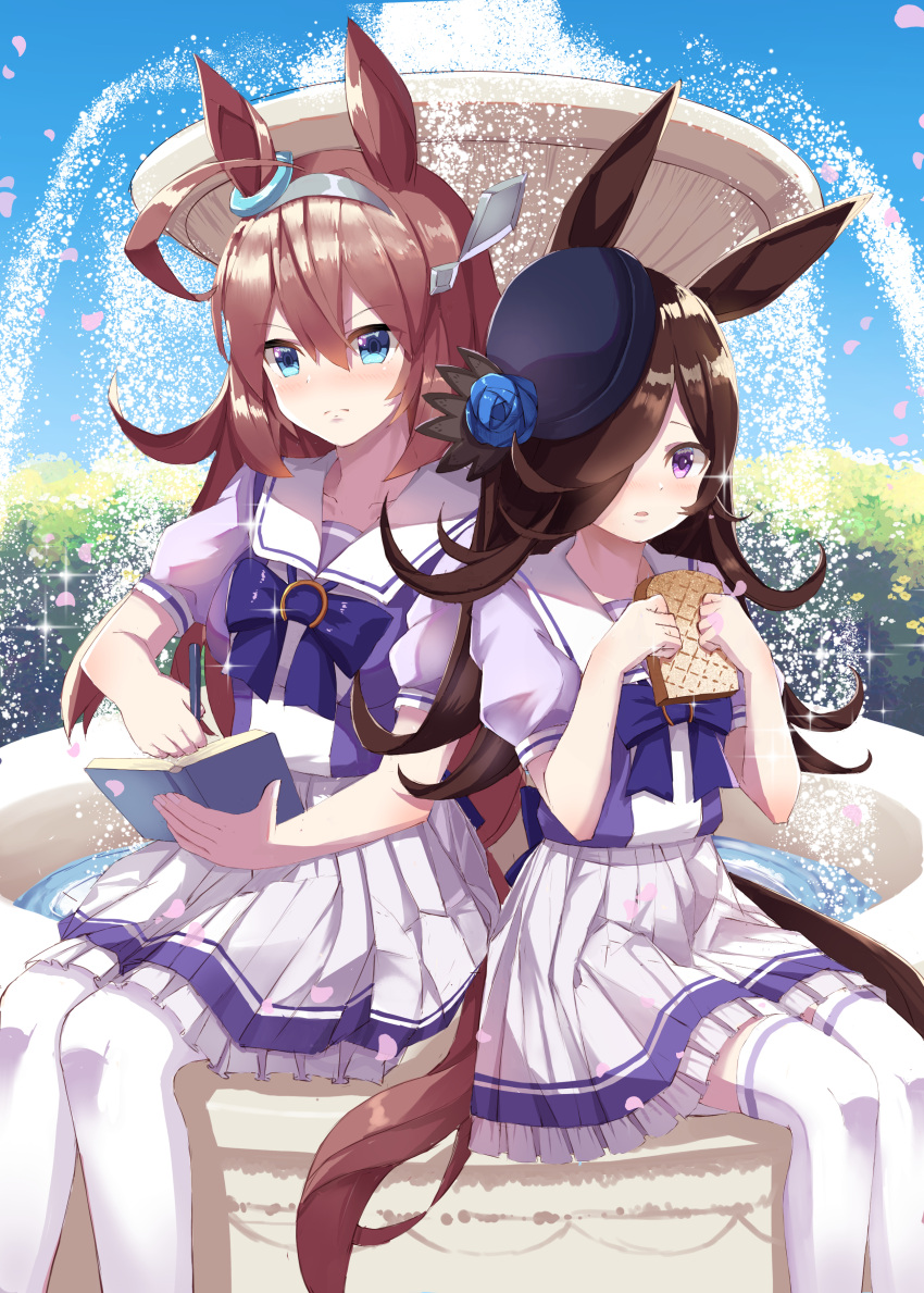 2girls, absurdres, ahoge, animal_ears, bangs, black_headwear, blue_bow, blue_eyes