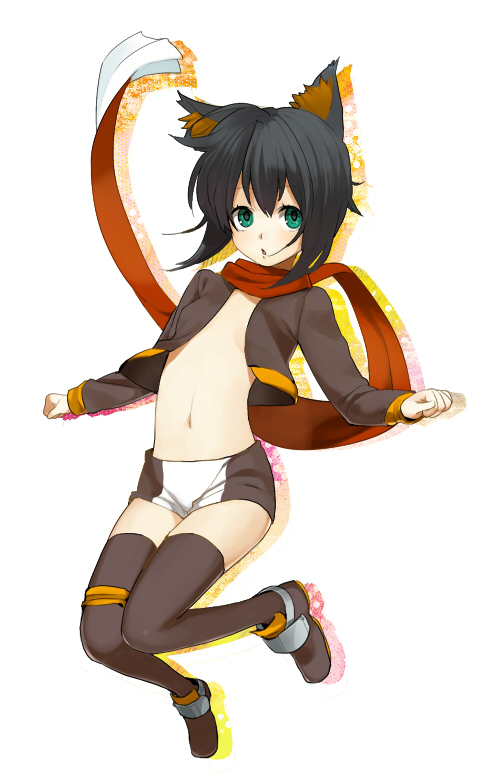 animal_ears, bad_id, black_hair, crop_top, flat_chest, green_eyes, kiki_(koba), midriff, navel, no_bra, open_clothes, open_mouth, open_shirt, original, outstretched_arms, scarf, shirt, shoes, short_hair, short_shorts, shorts, spread_arms, suko_mugi, thigh-highs, thigh_strap, thighhighs, zettai_ryouiki