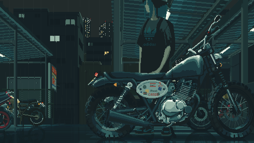 1girl, adidas, animated, animated_gif, black_shirt, city, ground_vehicle, motocross_saito