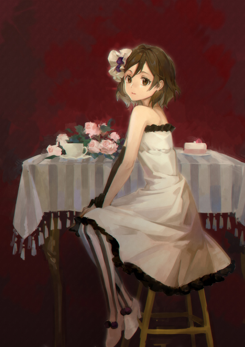 1girl, absurdres, bare_shoulders, black_gloves, black_pantyhose, brown_eyes, brown_hair, cake