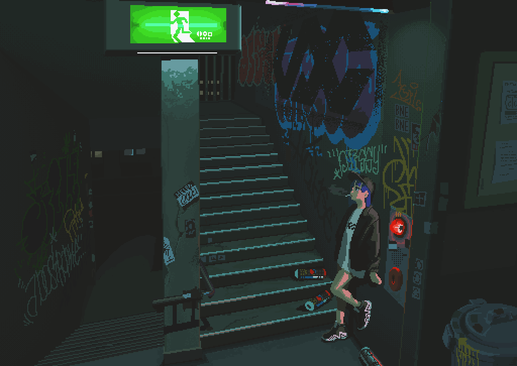 1girl, animated, animated_gif, baseball_cap, black_coat, black_footwear, black_headwear, blue_hair, cigarette, coat, graffiti, hat, indoors, motocross_saito, night, original, pixel_art, shoes, short_hair, smoke, smoking, sneakers, solo, window