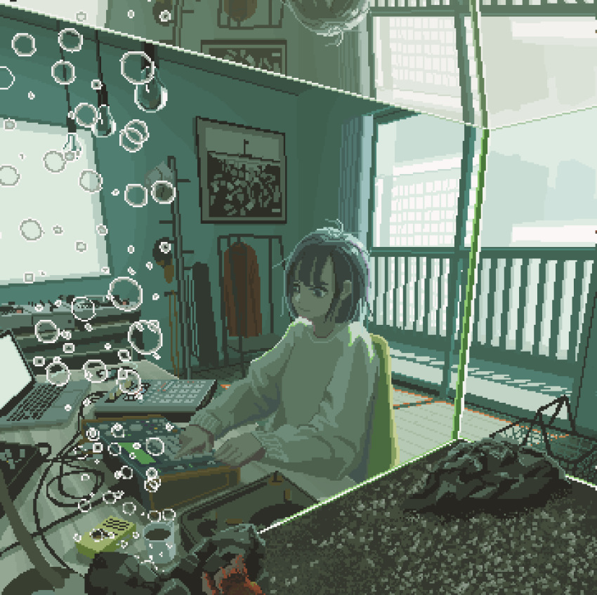 1girl, animated, animated_gif, black_eyes, black_hair, bubble, closed_mouth, computer