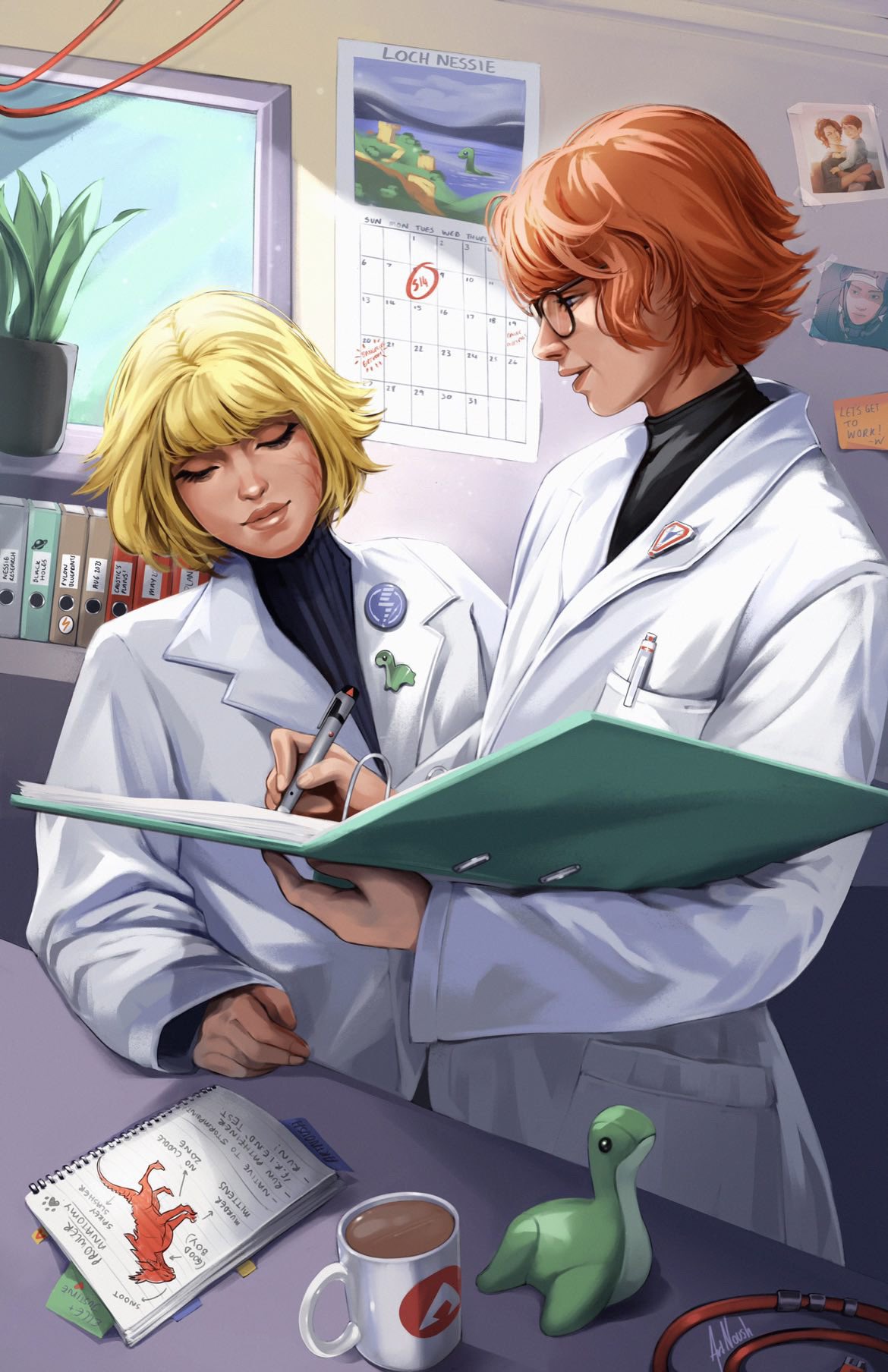 2girls, apex_legends, bangs, binder, black_sweater, blonde_hair, blue_eyes, book