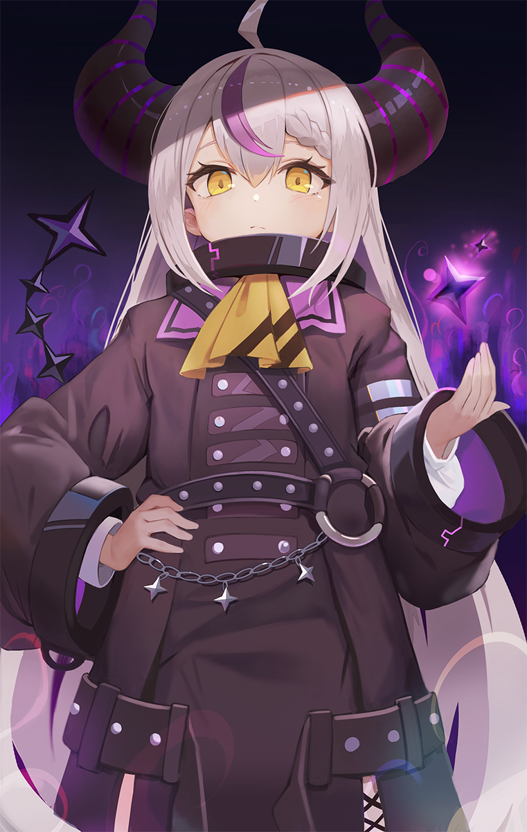 1girl, ahoge, ascot, black_dress, blush, braid, chain, collar, demon_girl, demon_horns, dress, grey_hair, hair_between_eyes, hand_on_hip, hand_up, highres, hololive, horns, kinsuke_z, la+_darknesss, long_hair, long_sleeves, looking_at_viewer, metal_collar, multicolored_hair, puffy_long_sleeves, puffy_sleeves, purple_hair, sidelocks, solo, star_(symbol), streaked_hair, striped_horns, very_long_hair, virtual_youtuber, yellow_ascot, yellow_eyes
