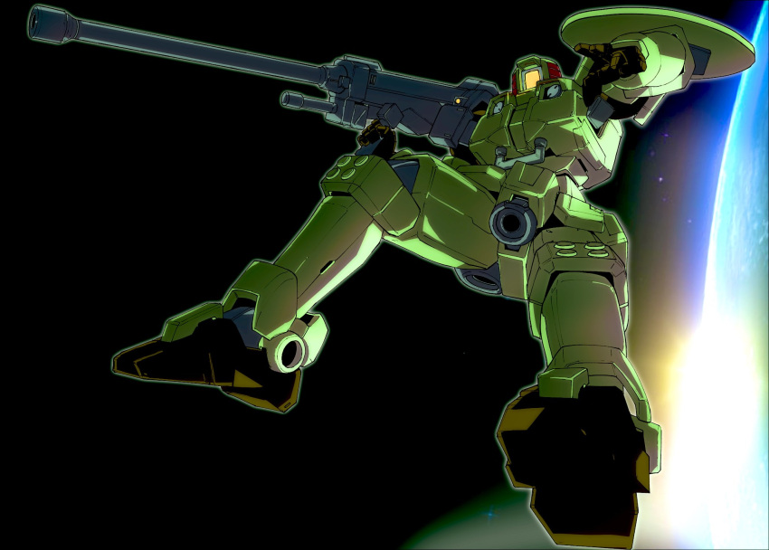 cannon, full_body, gun, gundam, gundam_wing, highres, holding, holding_gun, holding_weapon, kuroiwa_cookie, leo_(mobile_suit), mecha, mobile_suit, no_humans, robot, science_fiction, shield, simple_background, space, thrusters, unfinished, weapon
