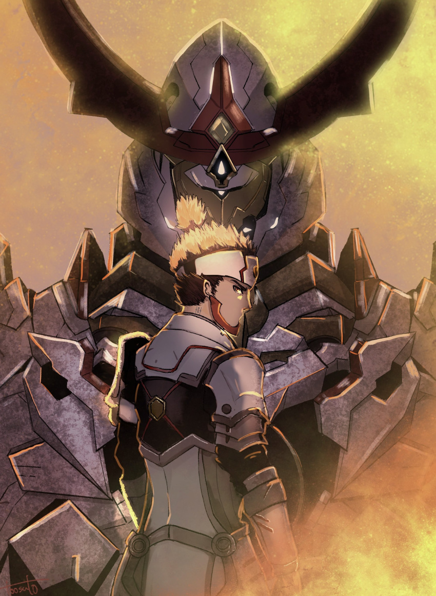 1boy, absurdres, armor, cammuravi_(xenoblade), ferronis_(xenoblade), fiery_hair, fire, from_behind