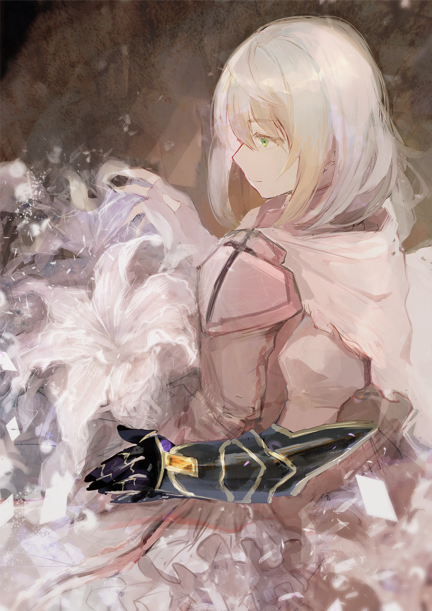 1girl, ahoge, armor, armored_dress, blonde_hair, cape, colored_eyelashes, flower, gauntlets, green_eyes, highres, ike_seika, jeanne_d'arc_(madoka_magica), lily_(flower), magia_record:_mahou_shoujo_madoka_magica_gaiden, mahou_shoujo_madoka_magica, mahou_shoujo_tart_magica, short_hair, smile, solo, tareme, white_flower