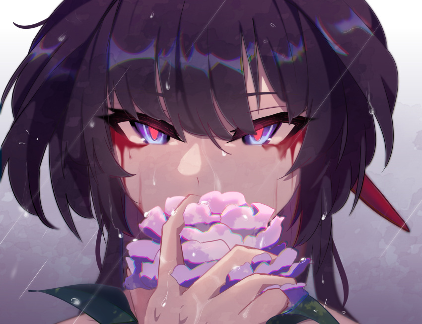 1girl, bangs, blood, blood_from_eyes, closed_mouth, crying, crying_with_eyes_open, flower