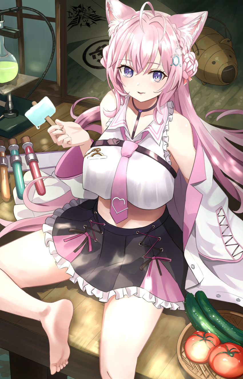 1girl, animal_ears, barefoot, black_skirt, braid, coyote_ears, coyote_girl, cucumber