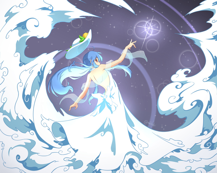 1girl, absurdres, alternate_costume, back_bow, backless_outfit, bangs, bare_back, blue_hair, bow, cloud_clothes, clouds, dress, hat, highres, hinanawi_tenshi, long_dress, long_hair, peach_hat_ornament, rakkidei, red_eyes, sidelocks, sky, sleeveless, sleeveless_dress, spaghetti_strap, star_(sky), sun_hat, sundress, touhou, white_bow, white_dress, white_headwear