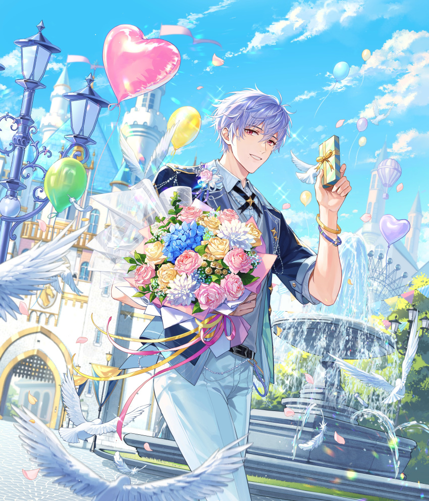 1boy, absurdres, aircraft, architecture, balloon, bangs, belt, belt_buckle