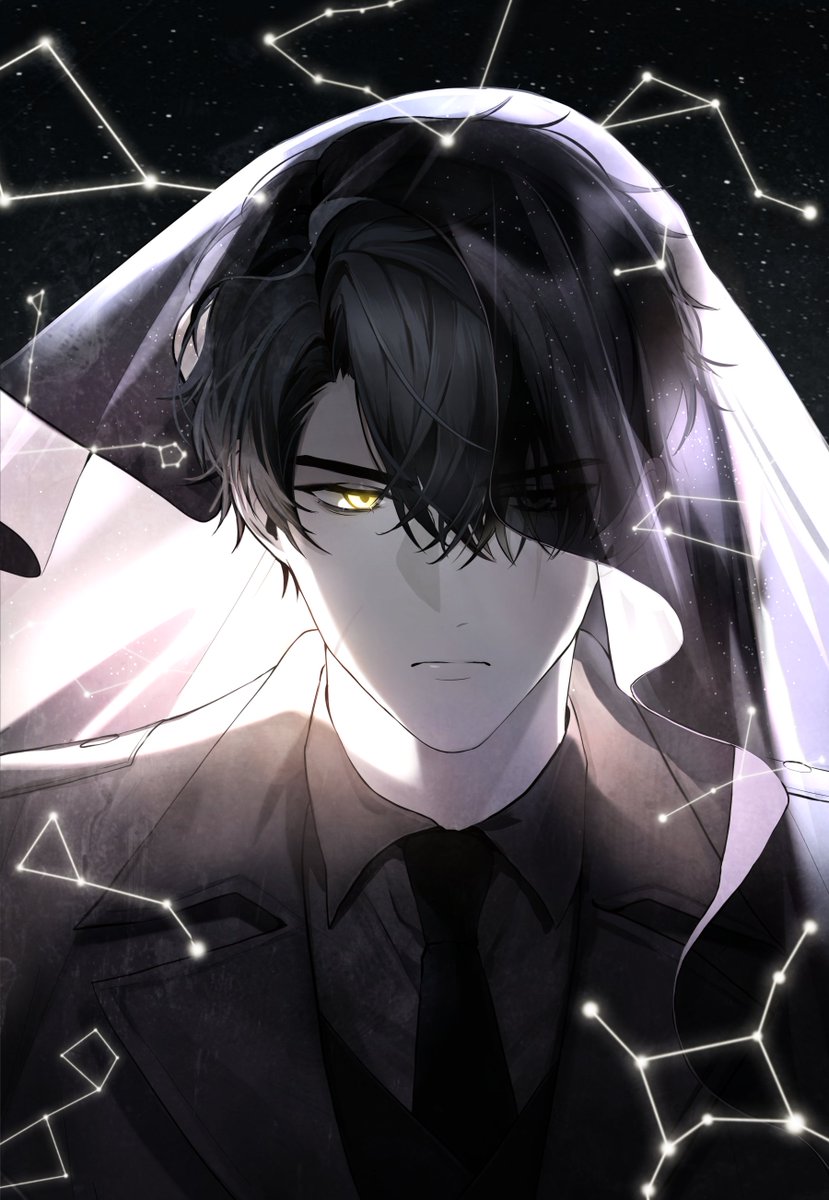 1boy, black_hair, black_necktie, closed_mouth, constellation, dark_background, formal, hair_over_one_eye
