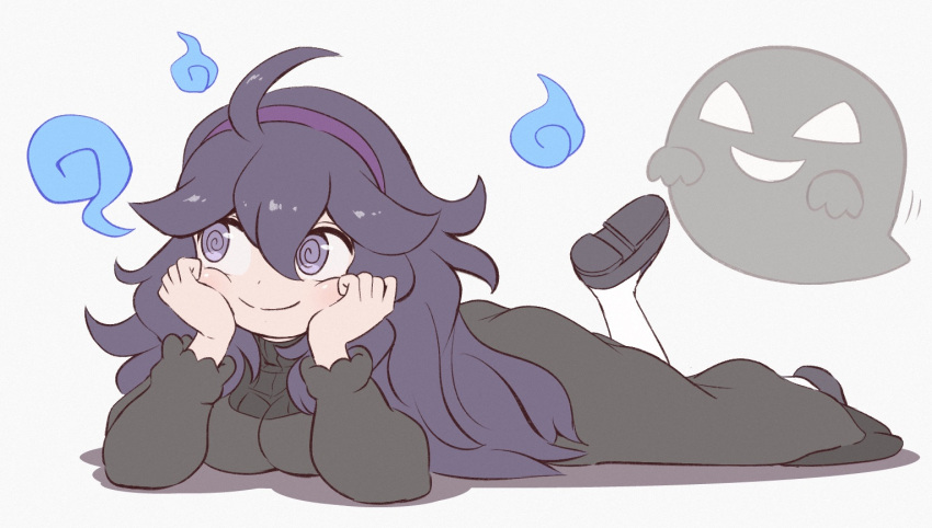 1girl, @_@, ahoge, black_dress, dress, ghost, hairband, hex_maniac_(pokemon)
