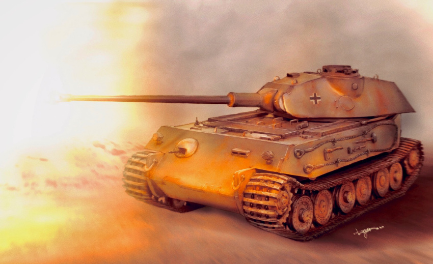 artist_name, emblem, firing, ground_vehicle, highres, luger_oni-jun'i, military, military_vehicle