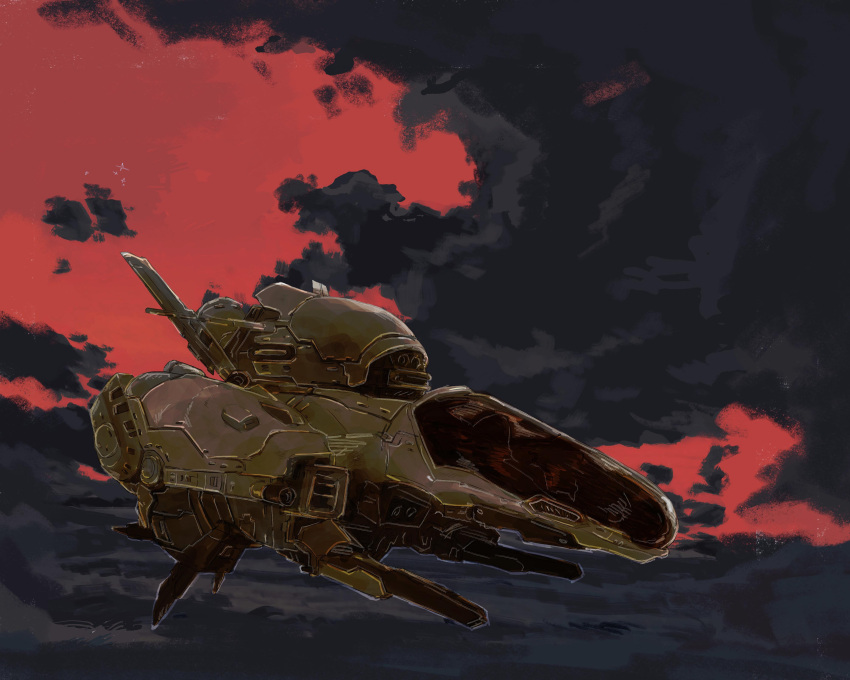 absurdres, clouds, commentary_request, dusk, energy_cannon, flying, highres, machinery
