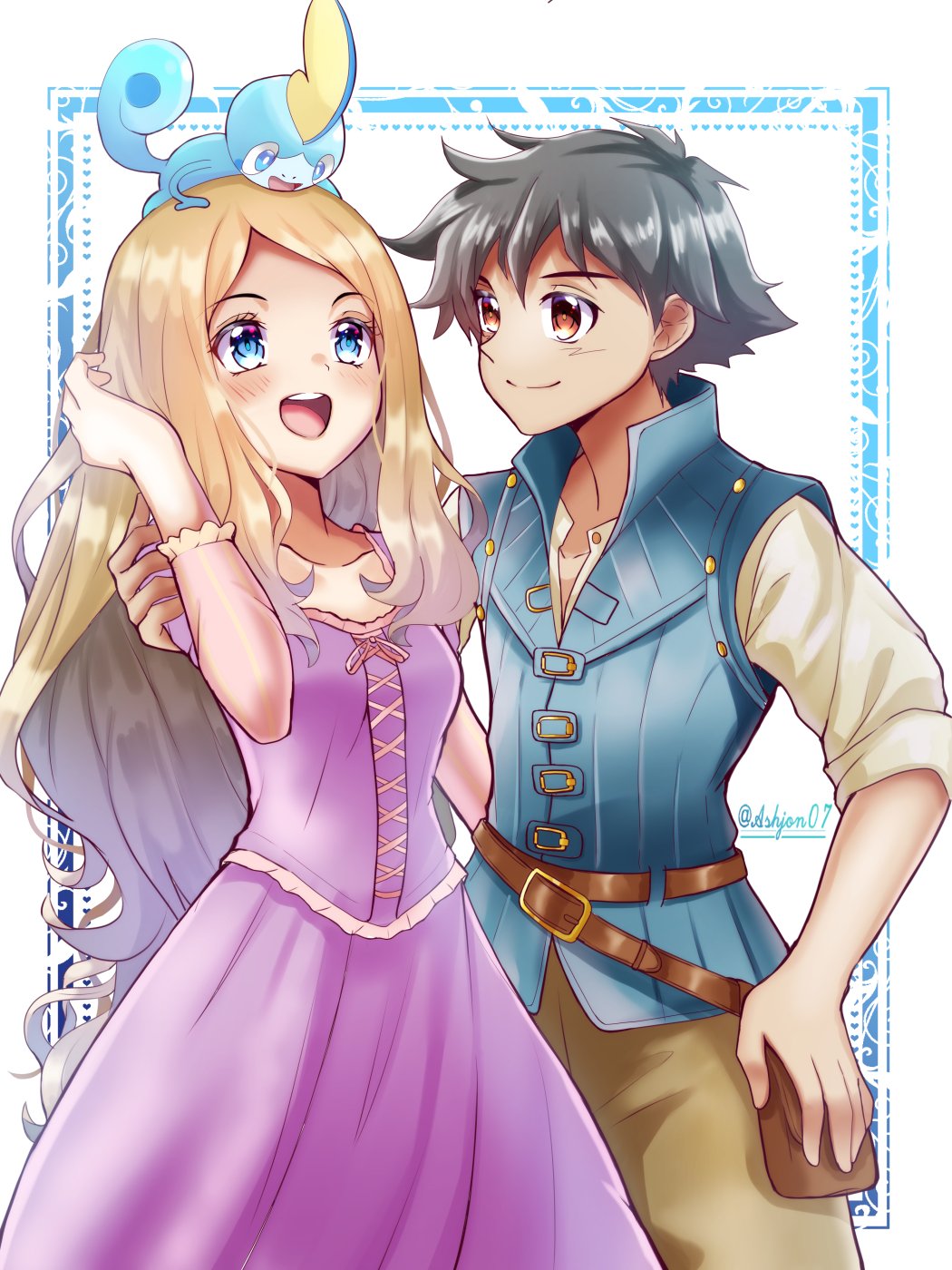 1boy, 1girl, ash_ketchum, ashujou, bag, black_hair, blonde_hair, blue_eyes, blush, cosplay, couple, disney, dress, flynn_rider_(cosplay), highres, long_hair, open_mouth, pokemon, pokemon_(anime), pokemon_(creature), purple_dress, rapunzel_(disney)_(cosplay), serena_(pokemon), shirt, short_hair, smile, sobble, tangled, tangled_(film)
