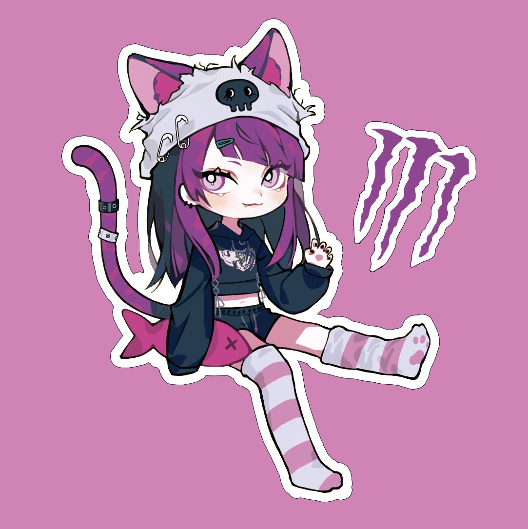 1girl, animal_ears, asymmetrical_bangs, bangs, beanie, black_hoodie, black_nails, bright_pupils, cat_ears, cat_girl, cat_tail, chibi, chinese_commentary, claw_pose, closed_mouth, drawstring, extra_ears, fake_animal_ears, fang, fang_out, grey_headwear, hair_ornament, hairclip, hat, hood, hoodie, idolmaster, idolmaster_shiny_colors, invisible_chair, kkuang, kneehighs, long_hair, looking_up, midriff, monster_energy, nail_polish, navel, outline, outstretched_leg, paw_print_soles, purple_background, purple_hair, purple_socks, purple_theme, safety_pin, simple_background, sitting, skull_print, sleeves_past_wrists, socks, solo, striped, striped_socks, stuffed_animal, stuffed_fish, stuffed_toy, tail, tail_ornament, tail_raised, tail_ring, tanaka_mamimi, torn_clothes, torn_hat, violet_eyes, white_pupils