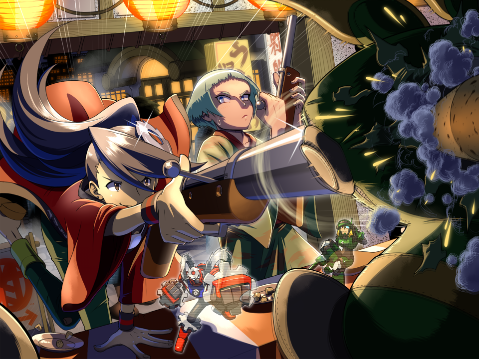 1girl, 3boys, arm_support, black_eyes, black_hair, blue_eyes, character_doll, clenched_hands, commentary_request, cork, cork_gun, earrings, emphasis_lines, festival, firing, floating_hair, glint, green_hair, green_headwear, green_kimono, green_pants, gun, hair_ornament, helmet, holding, holding_gun, holding_weapon, jacket, japanese_clothes, jewelry, kimono, leg_up, long_hair, long_sleeves, looking_at_another, mega_man_(series), mega_man_battle_network, metalman.exe, mr._prog_(mega_man), multiple_boys, napo, pants, plate, raika_(mega_man), red_jacket, searchman.exe, shiraizumi_tamako, shooting_gallery, short_hair, sign, smile, stud_earrings, stuffed_toy, stuffing, summer_festival, sweatdrop, weapon, wide_sleeves, yukata