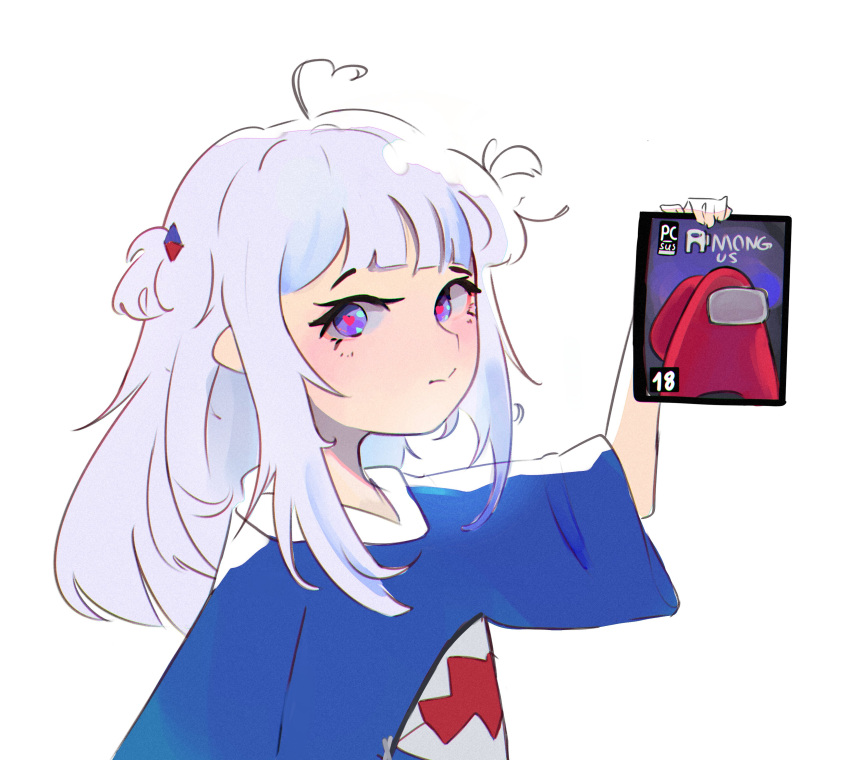 1girl, absurdres, among_us, bangs, content_rating, dress, gawr_gura, heart, heart-shaped_pupils, highres, hololive, hololive_english, looking_at_viewer, meme, mrbadartist, symbol-shaped_pupils, white_hair