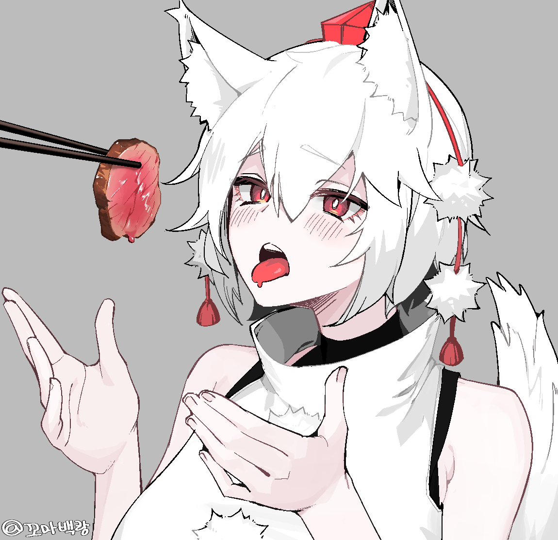 1641_(chfhrtor94), 1girl, animal_ear_fluff, animal_ears, artist_name, bangs, bare_shoulders, chopsticks