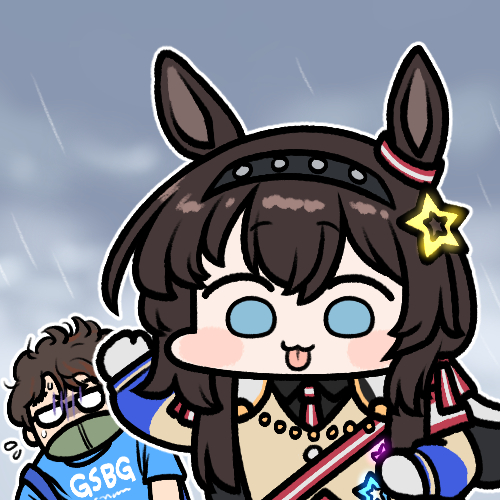 1boy, 1girl, animal_ears, aqua_eyes, arm_up, bangs, breasts, chibi, commentary, ear_ornament, flying_sweatdrops, glasses, grace_(kor)_(racehorse), hair_ornament, hairband, horse_ears, horse_girl, jazz_jack, jewelry, korean_commentary, long_hair, lowres, mask, messy_hair, mouth_mask, necklace, opaque_glasses, original, personification, short_hair, sidelocks, star_(symbol), star_hair_ornament, tongoue_out, umamusume