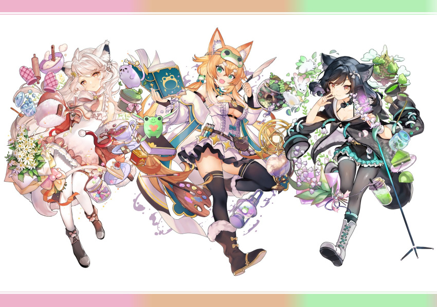 3girls, animal_ears, black_hair, blonde_hair, blue_eyes, flower, fox_ears, fox_girl