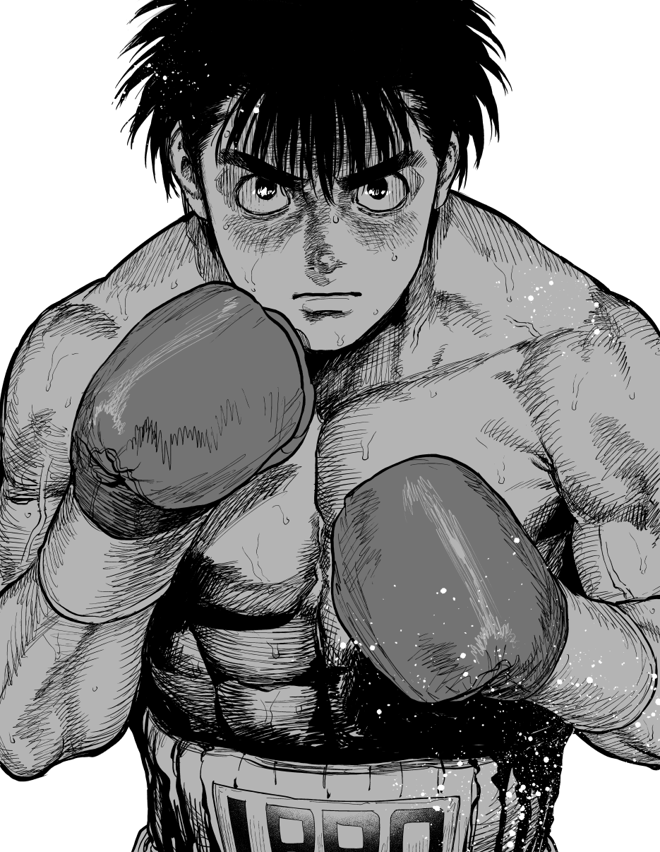 1boy, boxing_gloves, character_name, closed_mouth, collarbone, fighting_stance, greyscale, hair_between_eyes