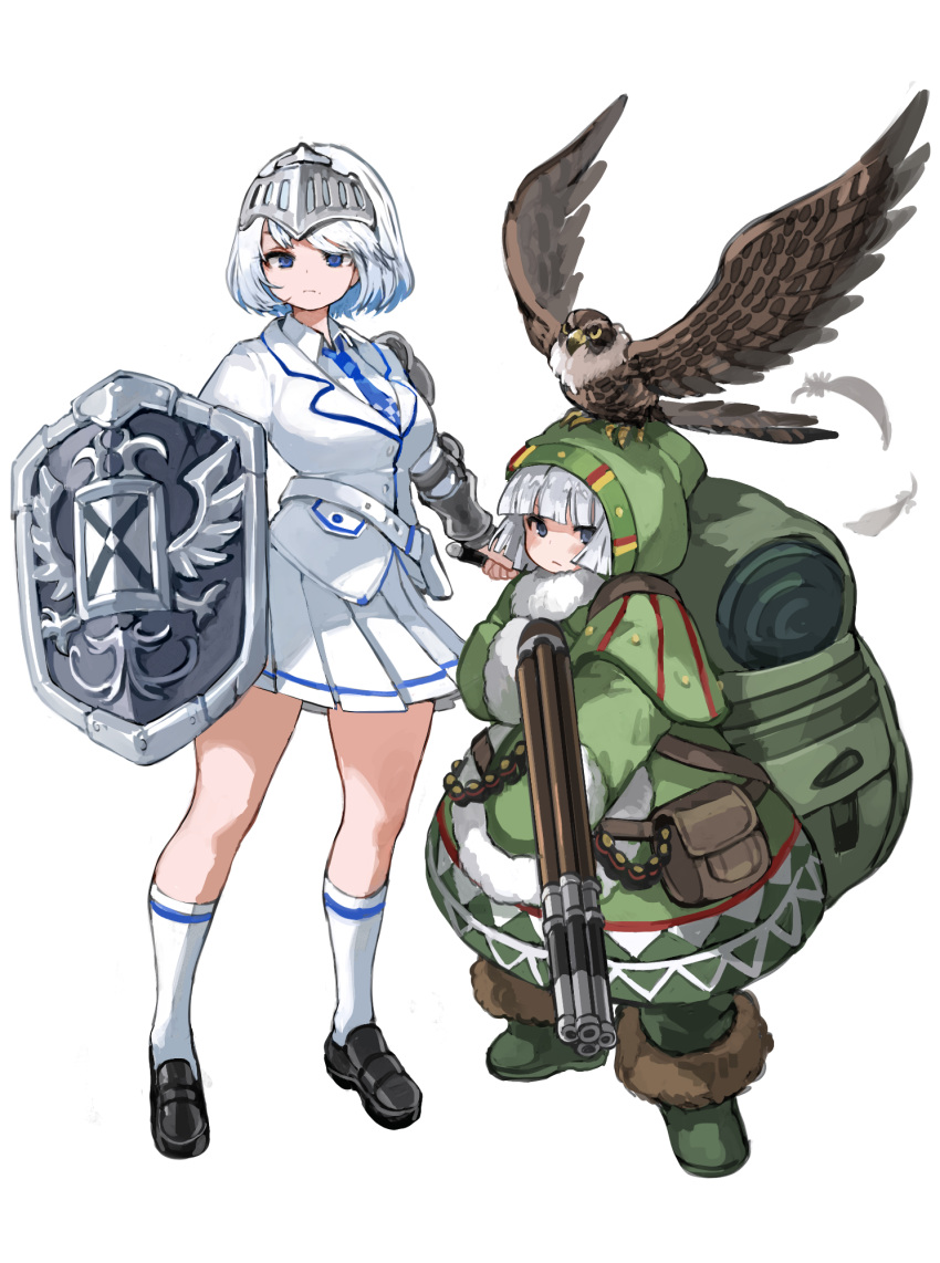 2girls, animal, animal_on_head, armor, backpack, bag, bedroll, belt