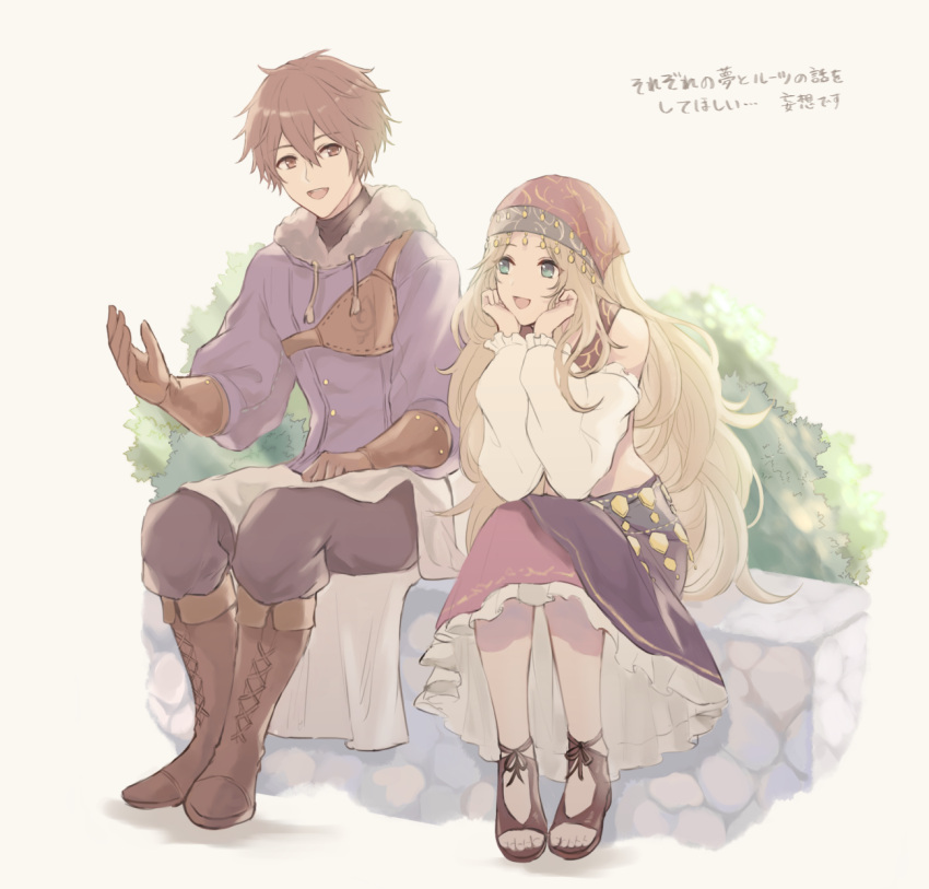 1boy, 1girl, blonde_hair, blue_eyes, boots, brown_eyes, brown_hair, gloves, hands_on_own_face, head_scarf, highres, leather, leather_boots, leather_gloves, long_hair, lynette_(octopath_traveler), midriff, miles_(octopath_traveler), octopath_traveler, octopath_traveler:_champions_of_the_continent, short_hair, sitting, very_long_hair, wspread