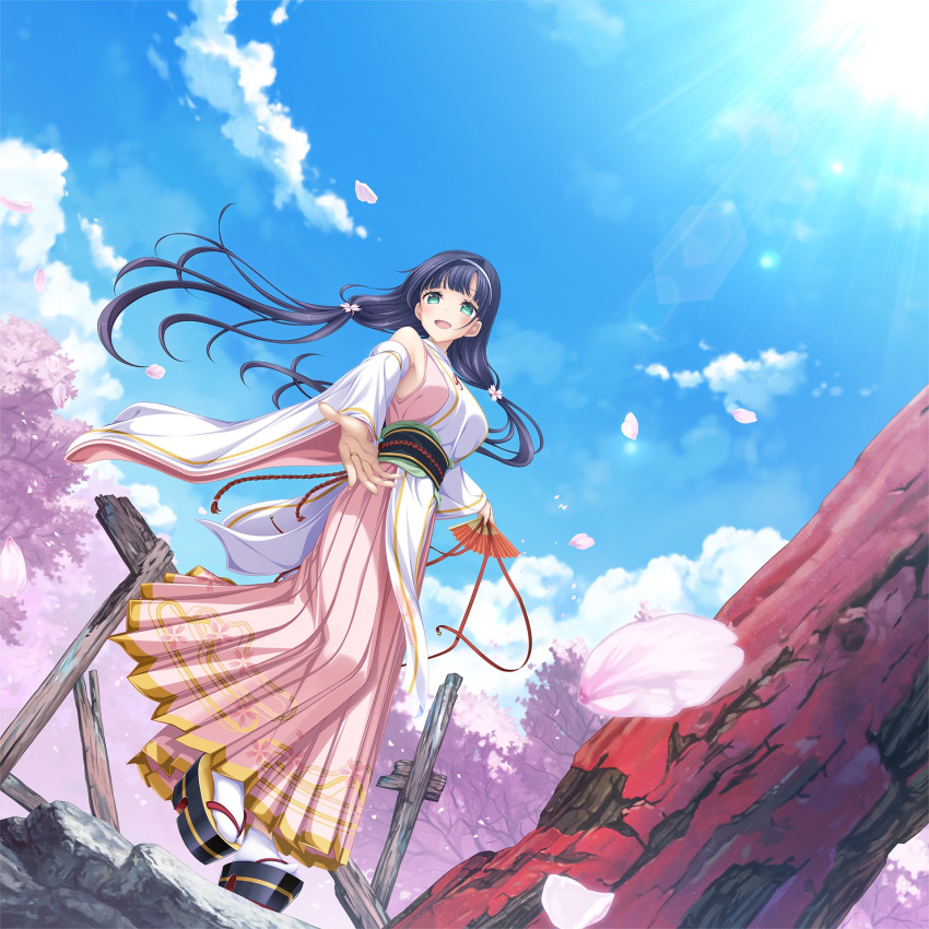 1girl, bangs, black_hair, cherry_blossoms, day, detached_sleeves, dutch_angle, floating_hair
