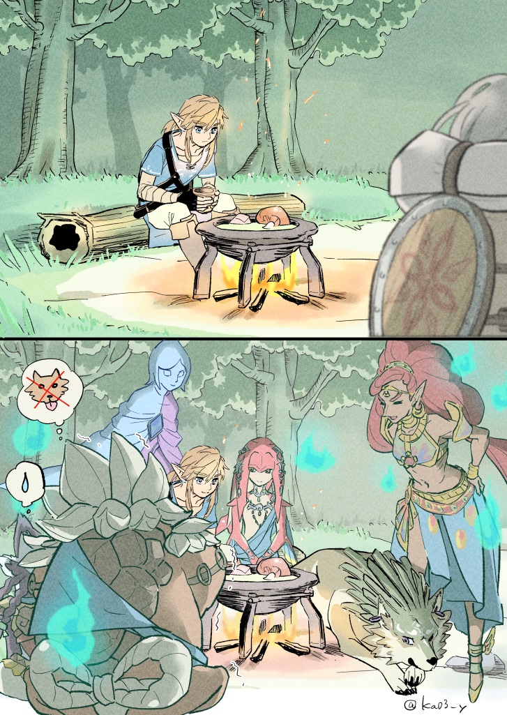 3girls, 4boys, blonde_hair, blue_eyes, blue_fire, blue_tunic, bra, closed_eyes, cooking, daruk, dress, earrings, fi_(zelda), fire, happy, high_heels, jewelry, link, mipha, multiple_boys, multiple_girls, open_mouth, pointy_ears, ponytail, redhead, revali, shawl, sitting, smile, the_legend_of_zelda, the_legend_of_zelda:_breath_of_the_wild, the_legend_of_zelda:_skyward_sword, the_legend_of_zelda:_twilight_princess, tree, underwear, urbosa, wolf, wolf_link, yellow_eyes, zora