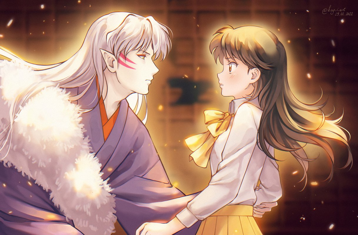 1boy, 1girl, bangs, blush, brown_eyes, brown_hair, collared_shirt, elena_ivlyushkina, facial_mark, hair_between_eyes, hetero, holding_another's_arm, inuyasha, japanese_clothes, kamisama_hajimemashita, long_hair, long_sleeves, looking_at_another, neck_ribbon, parted_bangs, parted_lips, pleated_skirt, pointy_ears, ribbon, rin_(inuyasha), school_uniform, serafuku, sesshoumaru, shirt, skirt, upper_body, white_hair, white_shirt, yellow_eyes, yellow_ribbon, yellow_skirt