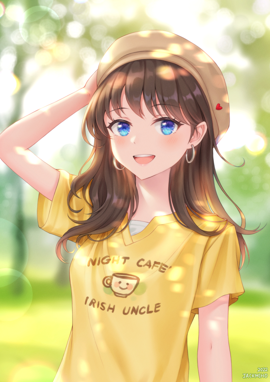 1girl, :d, artist_name, bangs, beret, blue_eyes, blurry, blurry_background