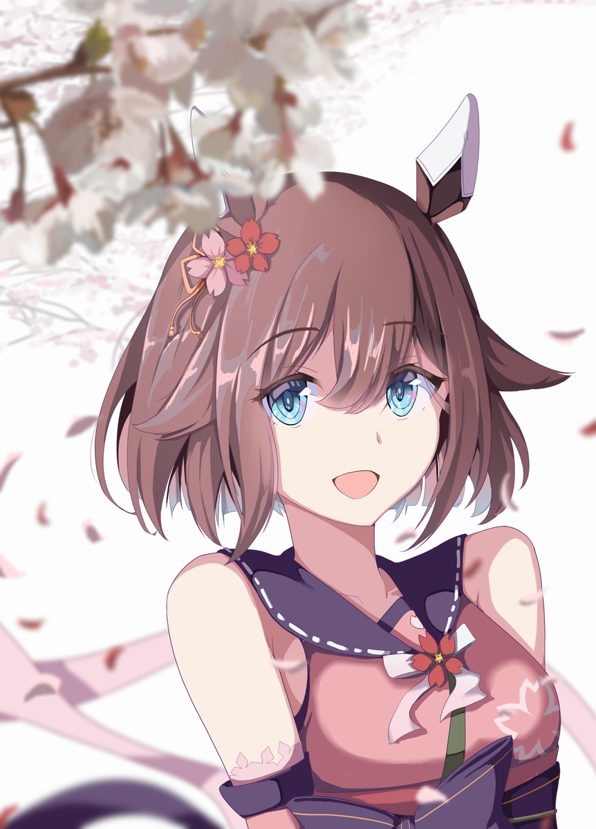 1girl, :d, alua, animal_ears, blue_eyes, brown_hair, cherry_blossoms, commentary_request