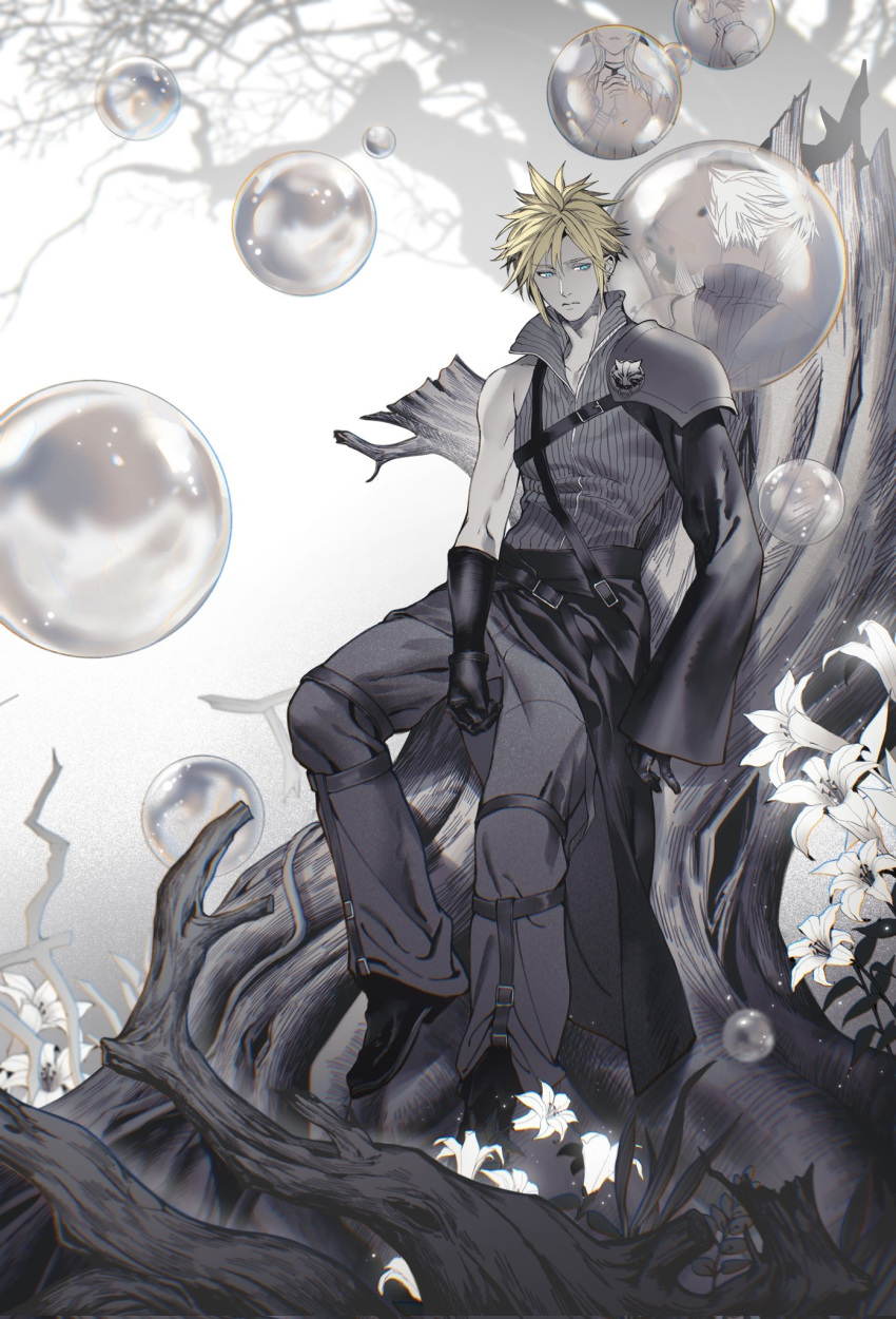 aerith_gainsborough, armor, black_footwear, black_gloves, blonde_hair, blue_eyes, boots, bubble, chest_strap, cloud_strife, earrings, final_fantasy, final_fantasy_vii, final_fantasy_vii_advent_children, flower, full_body, gloves, grey_pants, grey_shirt, hair_between_eyes, high_collar, highres, jewelry, leaning_back, looking_to_the_side, male_focus, open_collar, pants, shirt, short_hair, shoulder_armor, shoulder_strap, single_earring, single_sleeve, sleeveless, sleeveless_shirt, solo_focus, spiky_hair, spot_color, tree, tree_stump, waist_cape, white_flower, wolf, xianyu314, zack_fair