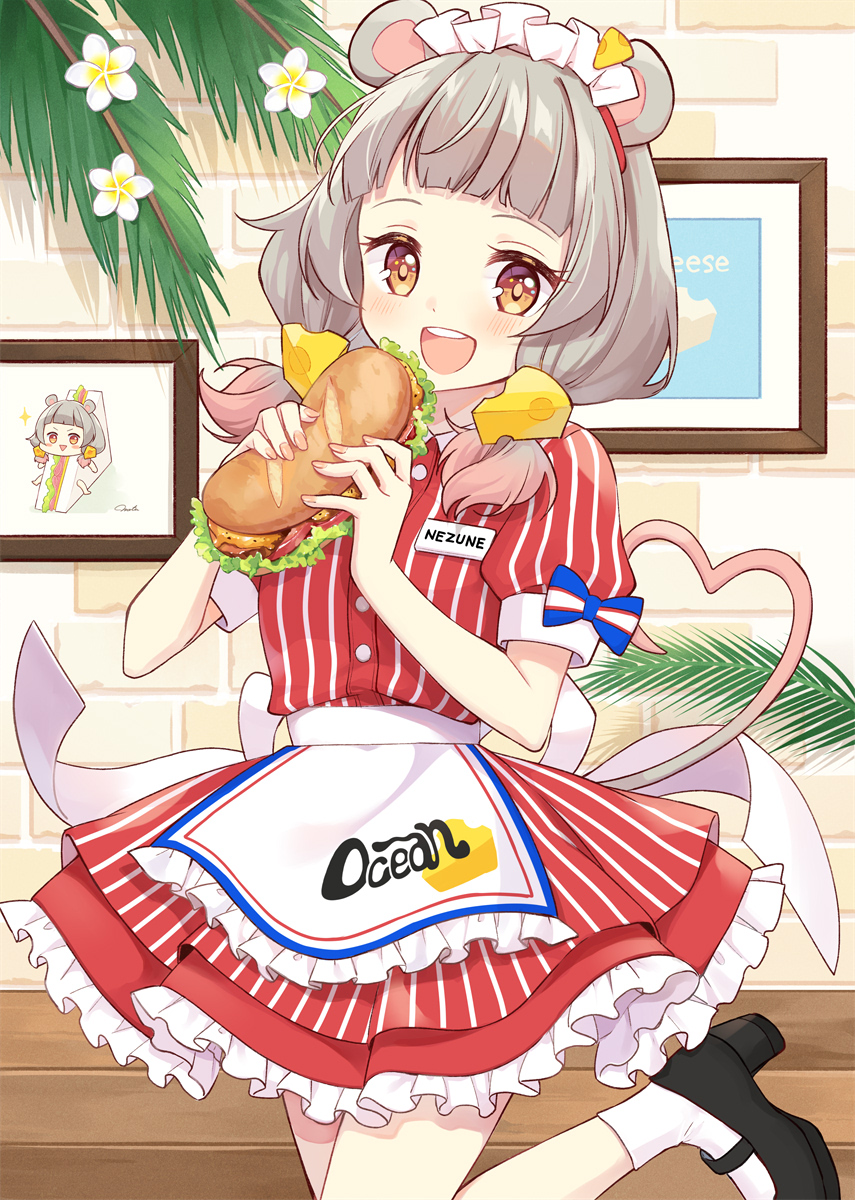 1girl, :d, animal_ears, apron, bangs, black_footwear, blue_bow, blunt_bangs, bow, brick_wall, brown_eyes, cheese_hair_ornament, clothes_writing, dot_nose, dress, english_text, flower, food, food-themed_hair_ornament, framed_image, frilled_apron, frilled_dress, frills, grey_hair, hair_ornament, happy, hazuki_natsu, heart, heart_tail, heel_up, highres, holding, holding_food, indoors, looking_at_viewer, maid, maid_headdress, mary_janes, medium_hair, mouse_ears, mouse_girl, mouse_tail, nail_polish, name_tag, open_mouth, original, palm_leaf, pink_nails, red_dress, sandwich, shoes, sleeve_bow, smile, socks, solo, standing, striped, striped_dress, tail, teeth, upper_teeth, virtual_youtuber, white_flower, white_socks