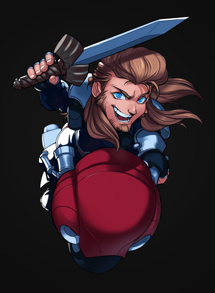 1boy, arm_guards, armor, beard, black_background, blue_eyes, facial_hair, final_fantasy, final_fantasy_vii, final_fantasy_vii_remake, fingerless_gloves, gloves, grin, ground_vehicle, highres, holding, holding_sword, holding_weapon, long_sleeves, looking_at_viewer, lower_teeth, male_focus, mullet, on_motorcycle, open_mouth, pompadour, roche_(ff7r), shoulder_armor, sideburns, smile, solo, sword, teeth, upper_body, upper_teeth, voodoothur, weapon