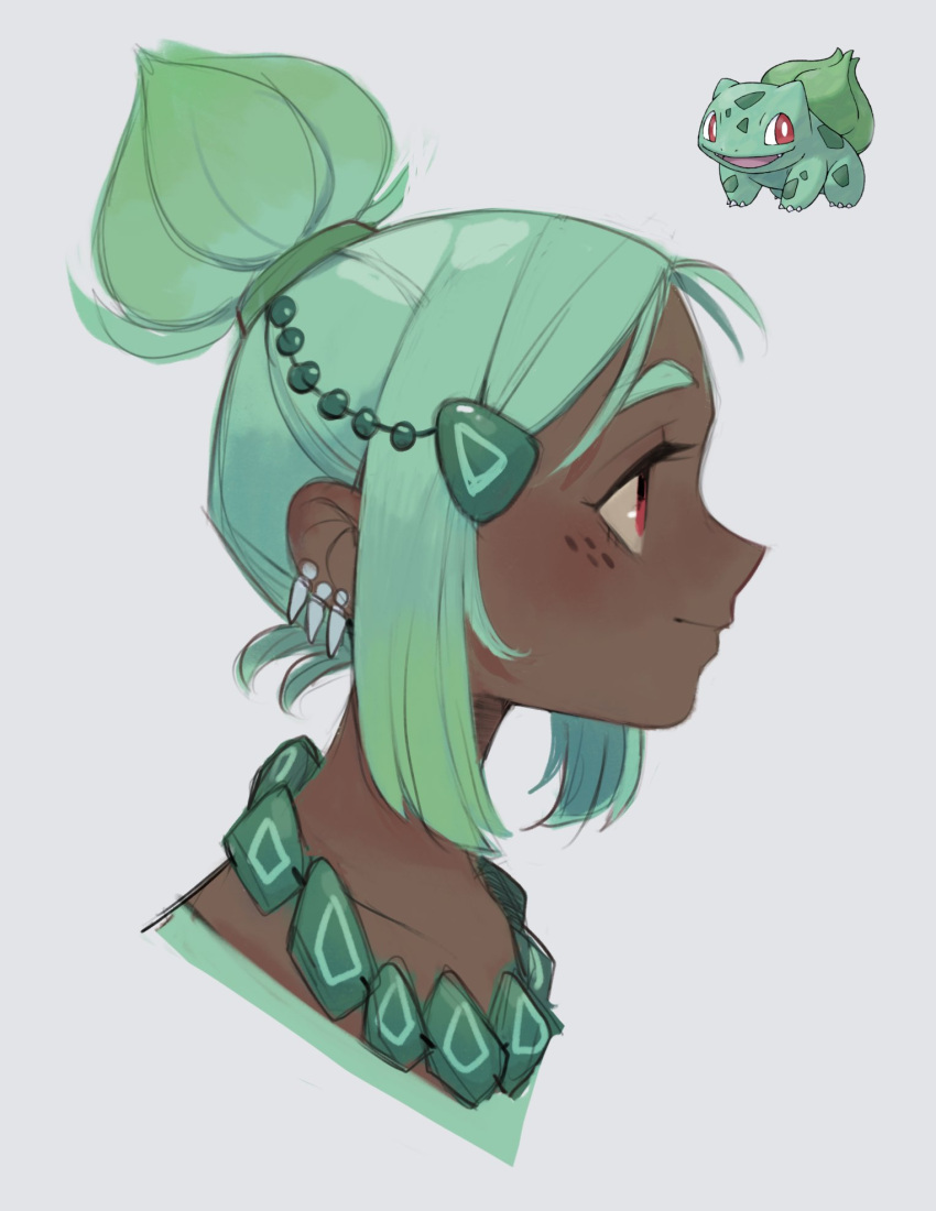 1girl, bulbasaur, closed_mouth, dark-skinned_female, dark_skin, freckles, green_hair, hair_ornament