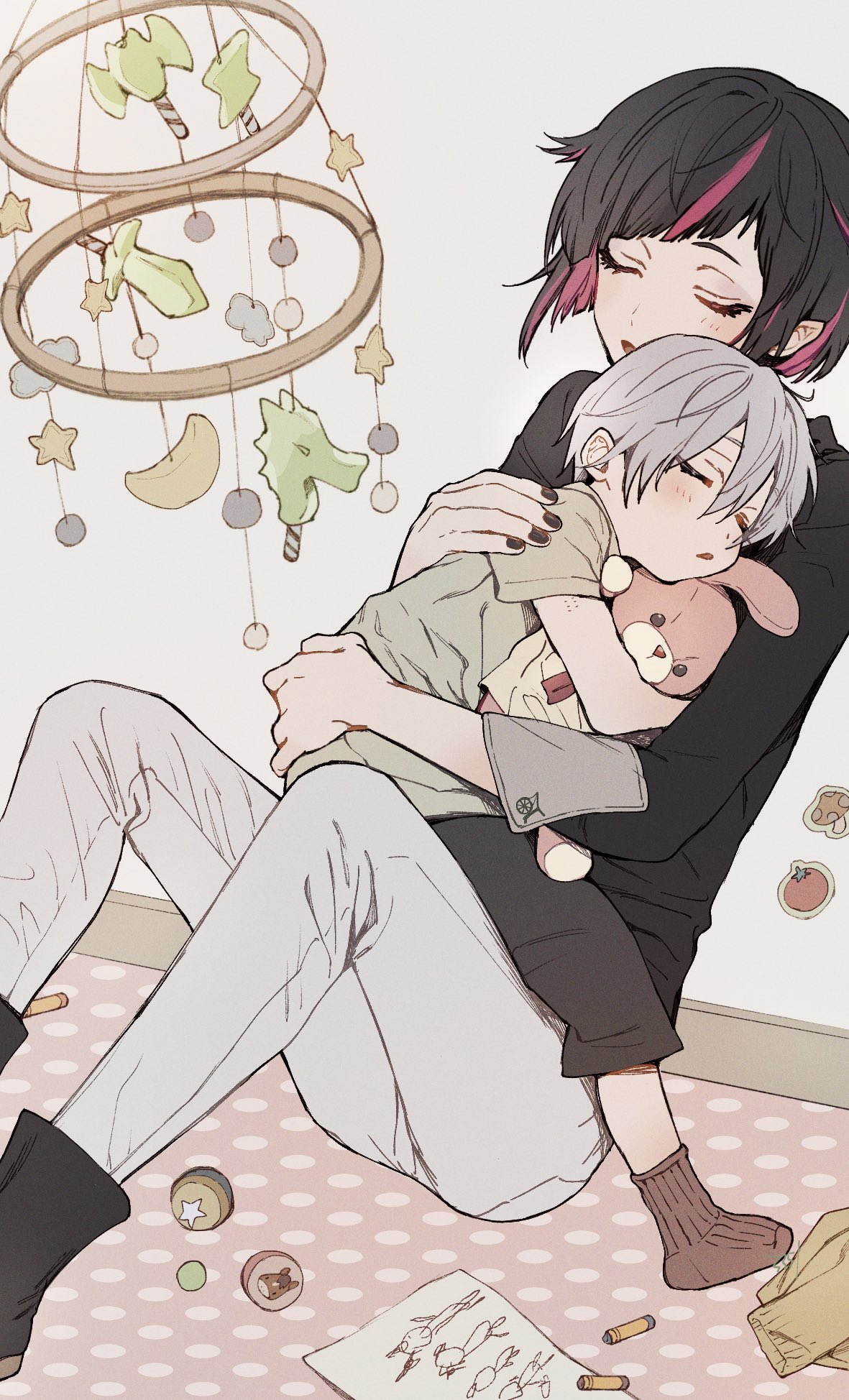 2boys, aged_down, androgynous, black_hair, boots, child, closed_eyes, commentary_request