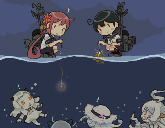 !, 6+girls, abyssal_plum_princess, abyssal_ship, ahoge, akebono_(kancolle), bell, black_hair