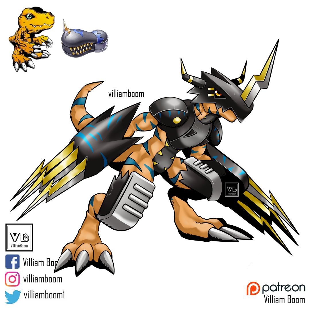 agumon, armor, artist_name, colored_skin, digi-egg_(armor), digimon, digimon_survive, facebook_logo, full_body, fusion, gauntlets, helm, helmet, horns, instagram_logo, no_humans, orange_eyes, orange_skin, patreon_logo, simple_background, standing, tail, twitter_logo, villiam_boom, white_background