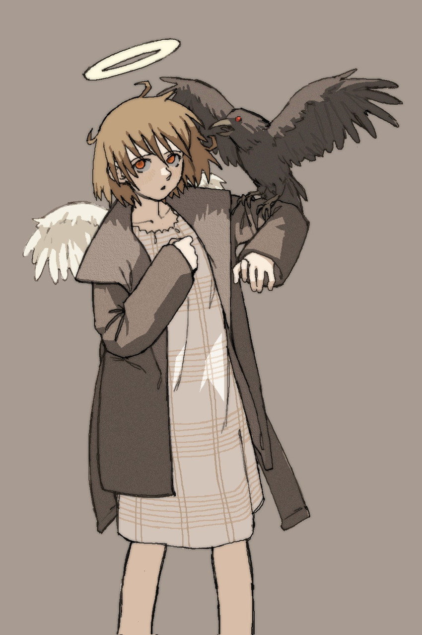 1girl, angel, angel_wings, animal, animal_on_shoulder, bare_legs, bird, bird_on_shoulder